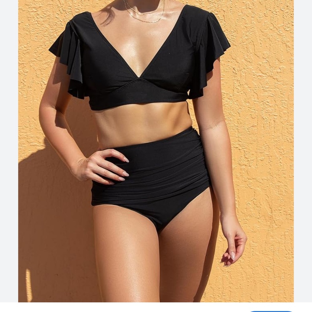 SPORLIKE Women Ruffle High Waist Swimsuit Two Pieces Black Bikini NWT Size L